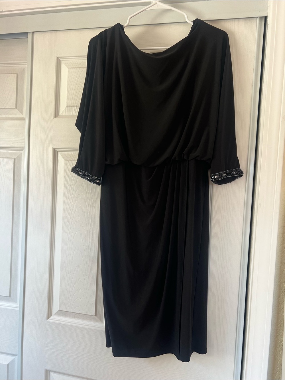 MARINA Black Draped Midi Dress with Beaded Cuffs